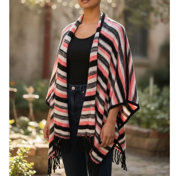 Kensie Sweaters - Cardigan Shawl Poncho Oversized striped loose knit has button for closure
